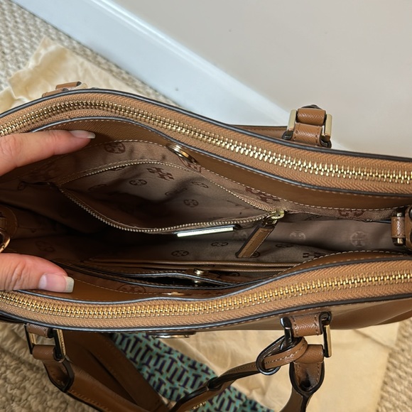 Tory Burch Tigers Eye Brown Saffiano Leather Robinson Mini Double-Zip Tote - Picture 15 of 17